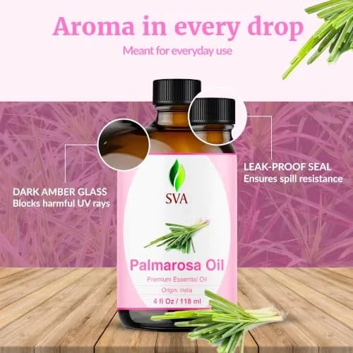 SVA ORGANICS Palmarosa Essential Oil 118 ml (4 Fl Oz) | Pure Floral Aroma for Diffuser, Skin & Hair Care thumbnail 7