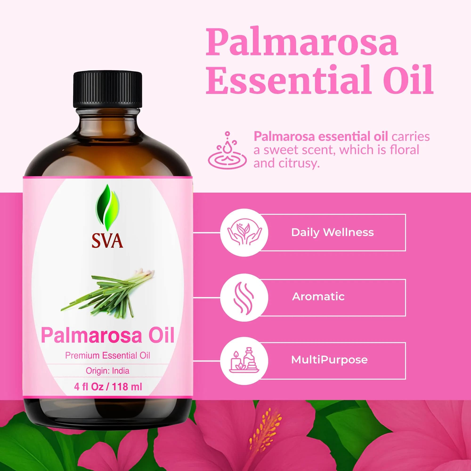 SVA ORGANICS Palmarosa Essential Oil 118 ml (4 Fl Oz) | Pure Floral Aroma for Diffuser, Skin & Hair Care - view 2