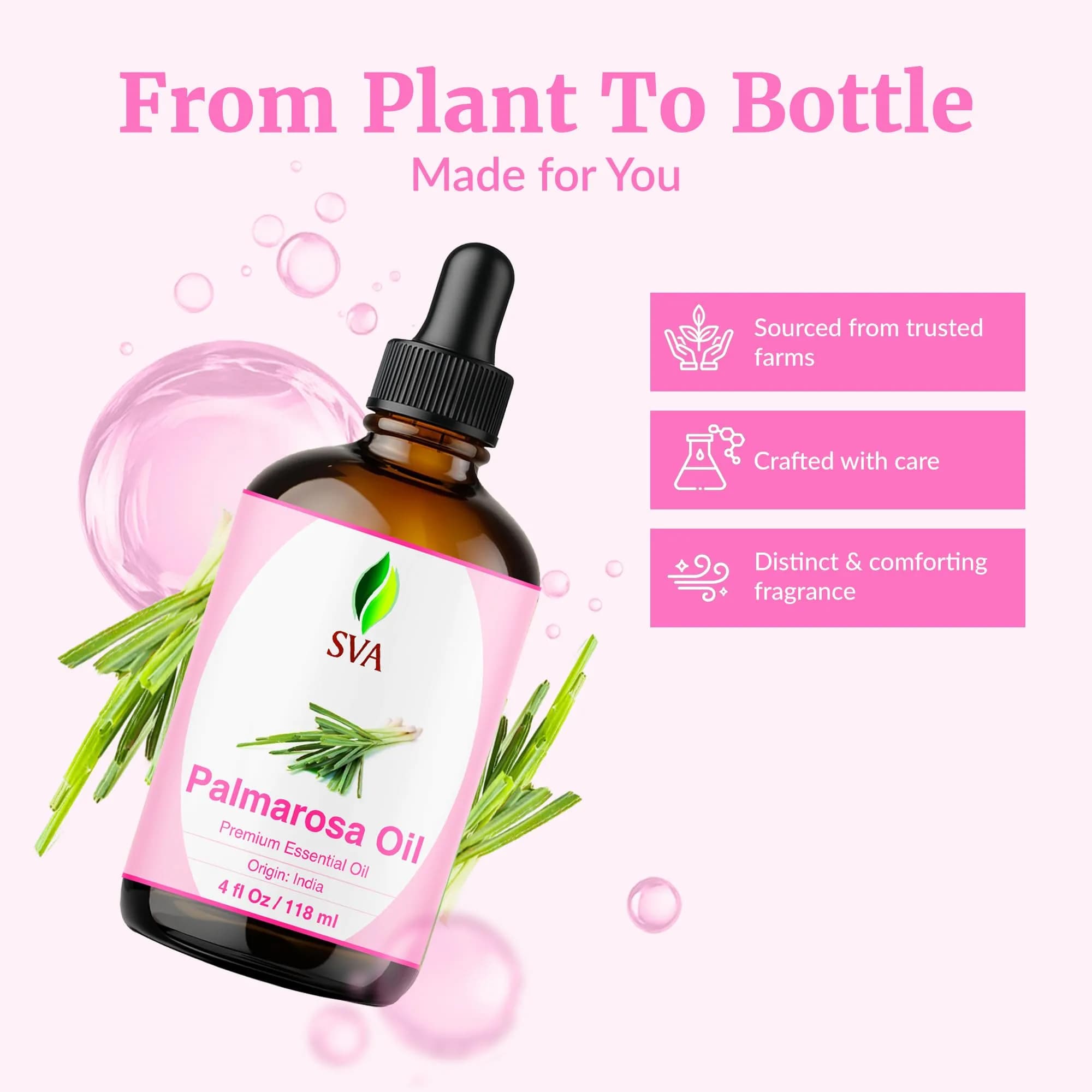 SVA ORGANICS Palmarosa Essential Oil 118 ml (4 Fl Oz) | Pure Floral Aroma for Diffuser, Skin & Hair Care - view 4