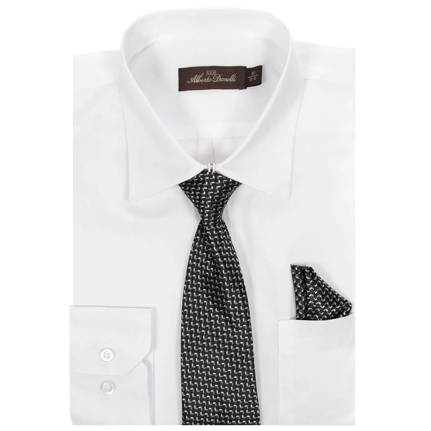 Alberto Danelli Boys Long Sleeve Dress Shirt with Matching Tie and Handkerchief, 5, Tropicana | Classic Style & Comfort — White C / 7
