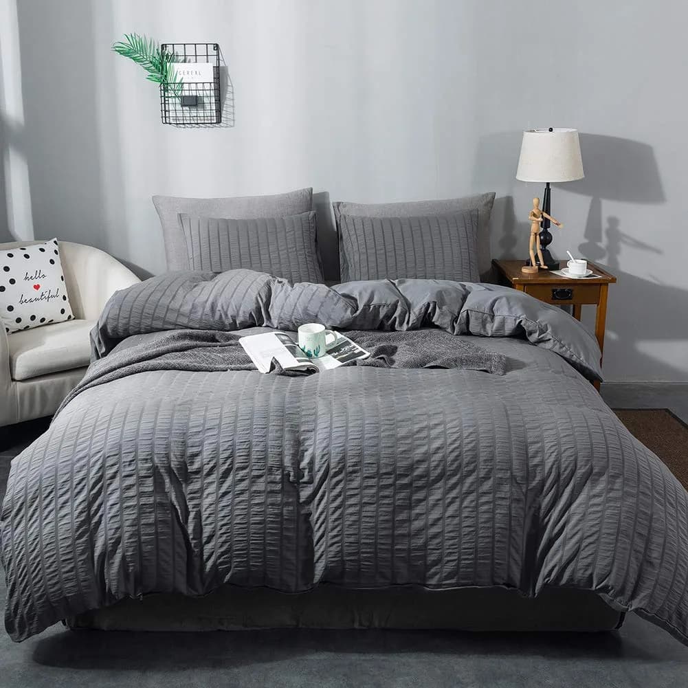 AveLom Dark Gray Seersucker Duvet Cover Twin Size | Microfiber Textured Bedding