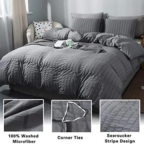 AveLom Dark Gray Seersucker Duvet Cover Twin Size | Microfiber Textured Bedding thumbnail 2