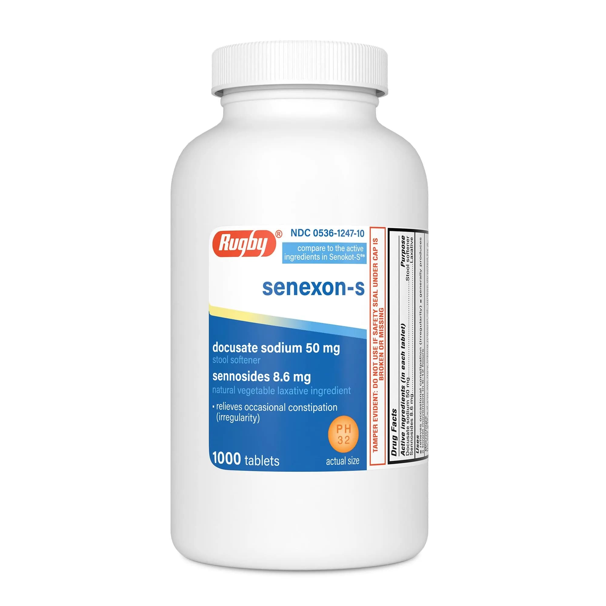 Rugby Senexon-S Natural Vegetable Laxative Plus Stool Softener - Docusate Sodium 50 mg - Sennosides 8.6 mg | Supports Occasional Constipation Relief
