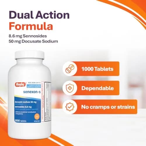 Rugby Senexon-S Natural Vegetable Laxative Plus Stool Softener - Docusate Sodium 50 mg - Sennosides 8.6 mg | Supports Occasional Constipation Relief thumbnail 4