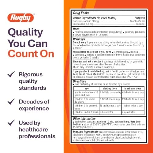 Rugby Senexon-S Natural Vegetable Laxative Plus Stool Softener - Docusate Sodium 50 mg - Sennosides 8.6 mg | Supports Occasional Constipation Relief thumbnail 5