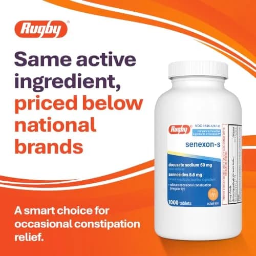 Rugby Senexon-S Natural Vegetable Laxative Plus Stool Softener - Docusate Sodium 50 mg - Sennosides 8.6 mg | Supports Occasional Constipation Relief thumbnail 2