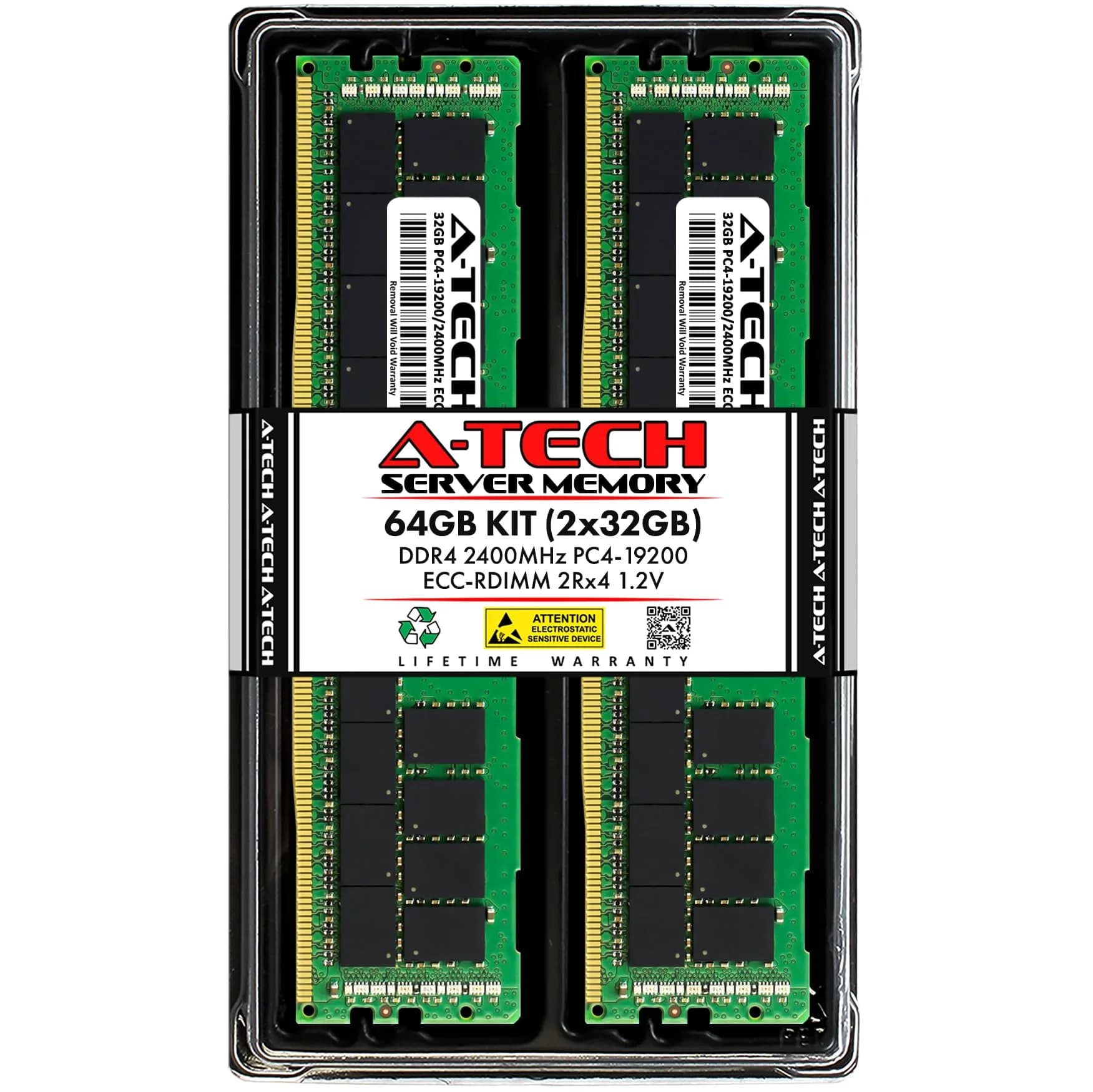 A-Tech 64GB Kit (2x32GB) DDR4 2400MHz ECC RDIMM 2Rx4 Dual Rank 1.2V Server & Workstation RAM - main product image
