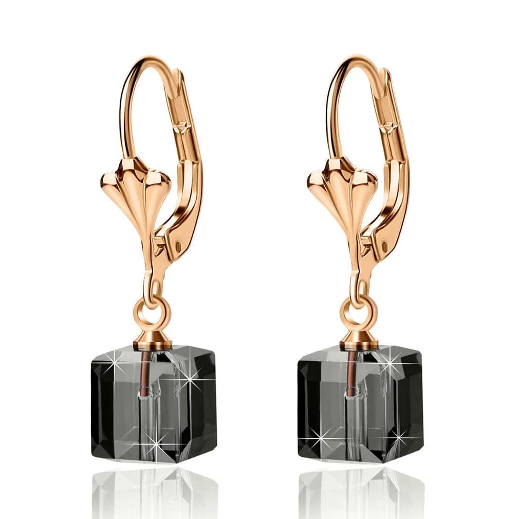 EVEVIC Austrian Crystal Cube Drop Leverback Earrings for Women | Modern Geometric Crystal Jewelry — Black