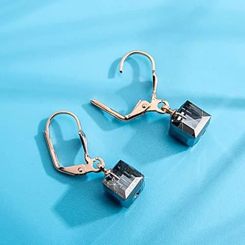EVEVIC Austrian Crystal Cube Drop Leverback Earrings for Women | Modern Geometric Crystal Jewelry thumbnail 5