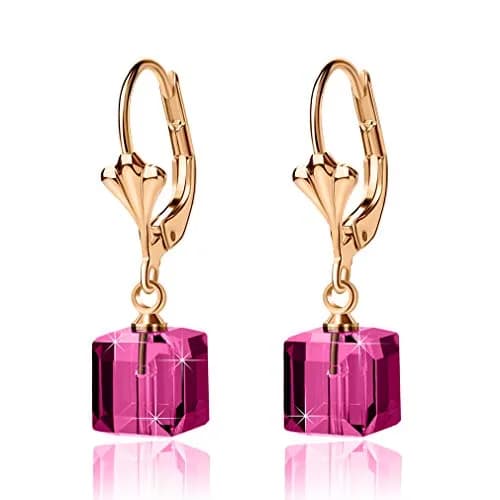 EVEVIC Austrian Crystal Cube Drop Leverback Earrings for Women | Geometric Sparkle, 14K Gold Plated, Secure Fit thumbnail 1