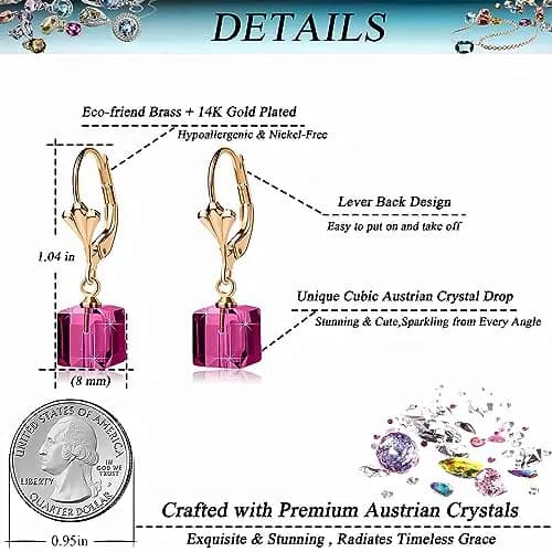 EVEVIC Austrian Crystal Cube Drop Leverback Earrings for Women | Geometric Sparkle, 14K Gold Plated, Secure Fit thumbnail 4