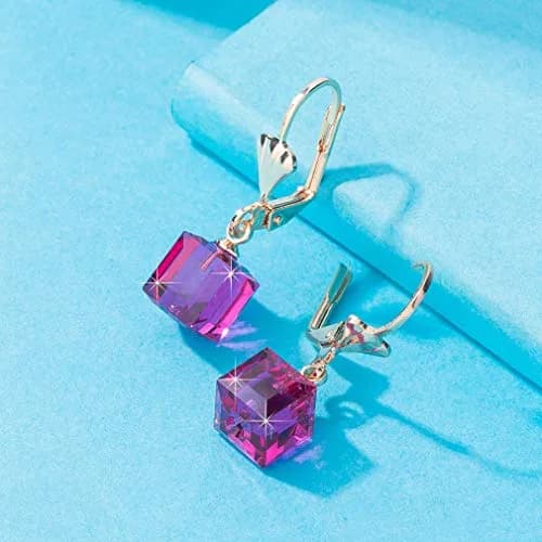 EVEVIC Austrian Crystal Cube Drop Leverback Earrings for Women | Geometric Sparkle, 14K Gold Plated, Secure Fit thumbnail 5