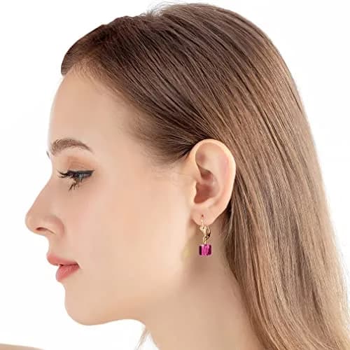 EVEVIC Austrian Crystal Cube Drop Leverback Earrings for Women | Geometric Sparkle, 14K Gold Plated, Secure Fit thumbnail 2