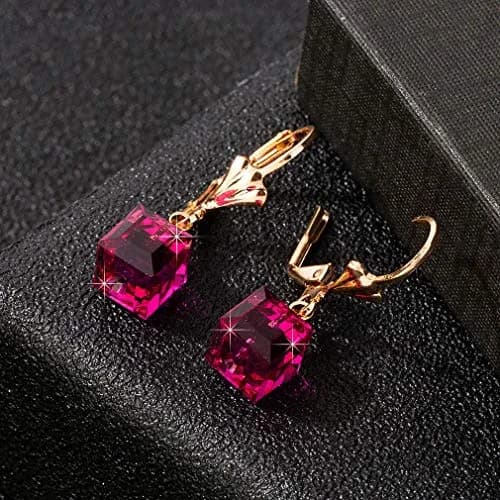 EVEVIC Austrian Crystal Cube Drop Leverback Earrings for Women | Geometric Sparkle, 14K Gold Plated, Secure Fit thumbnail 3