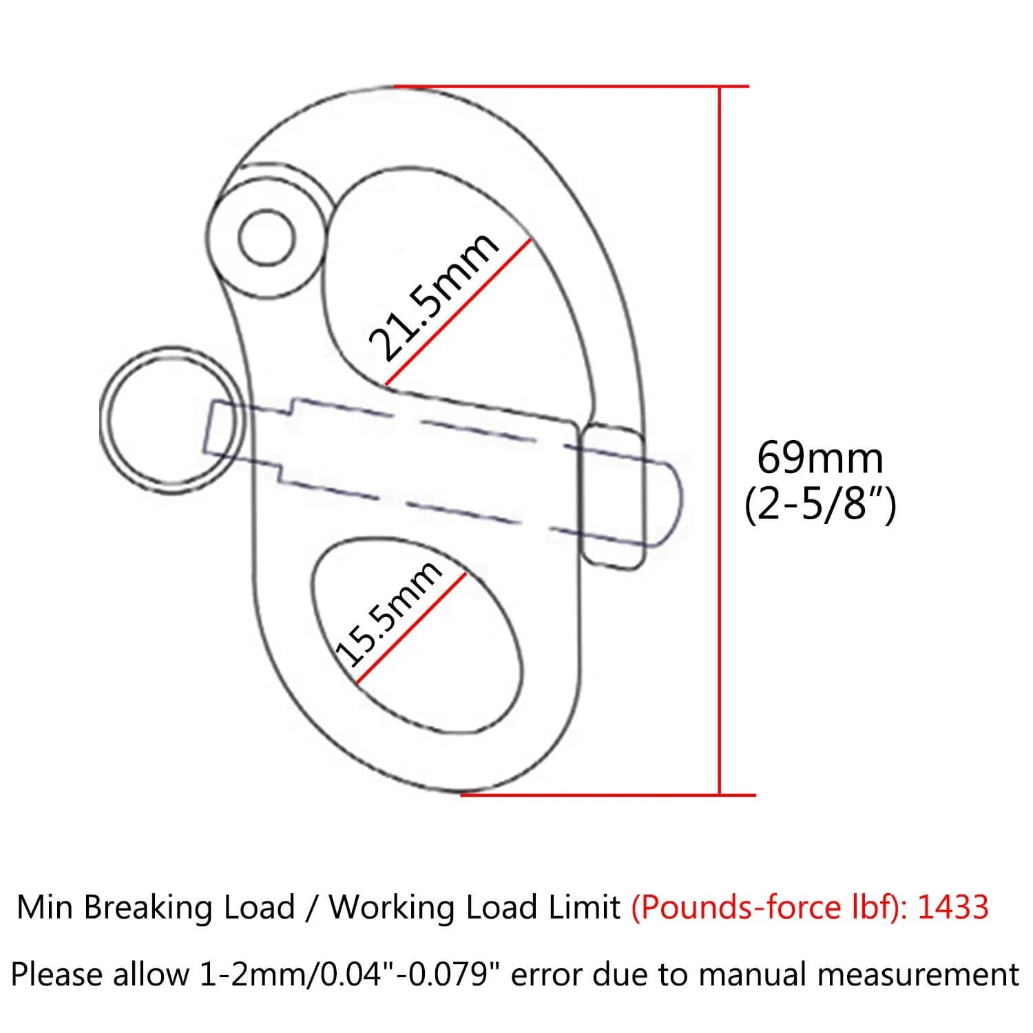 NRC&XRC 2-5/8" (69mm) 316 Stainless Steel Fixed Bail Snap Shackle | 1433 lbf Breaking Load - view 2