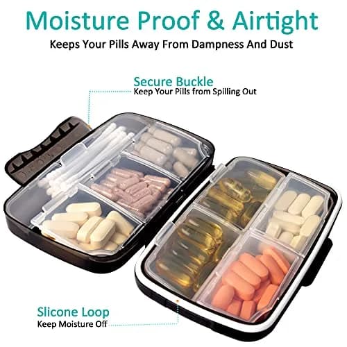 Fullicon Moisture Proof Travel Pill Organizer, 8 Compartments, Grey | Jumbo 8 Compartments, Airtight & Moistureproof thumbnail 3