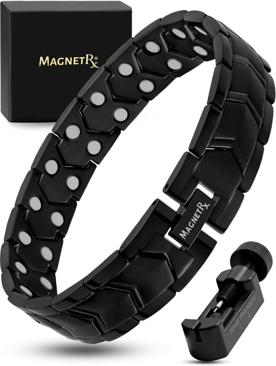 MagnetRX Ultra Strength Magnetic Bracelet for Men (Black) 23cm (9.0 inches) | 38 x 3500 Gauss Neodymium Magnets — Black Arrow Style (2X Strength)