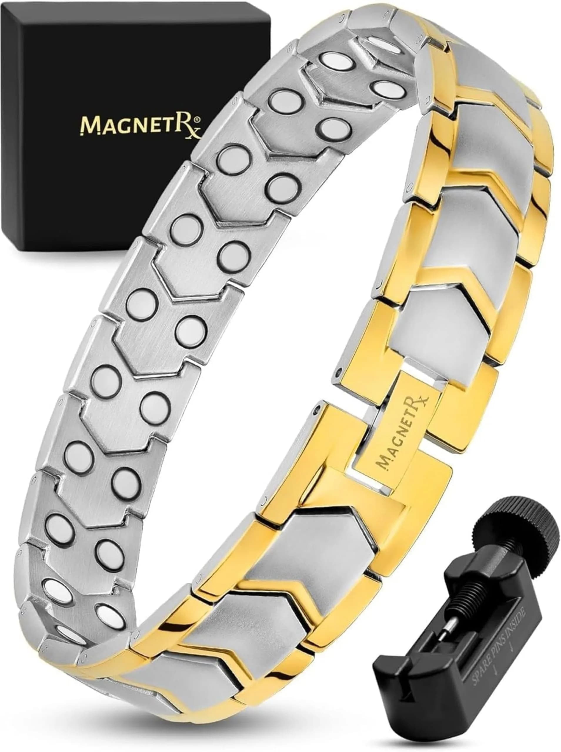 MagnetRX Ultra Strength Magnetic Bracelet for Men Gold/Silver 23cm (9 inches) | 38 Gauss Magnets for Wellbeing — Gold & Silver Arrow Style (2X Strength)