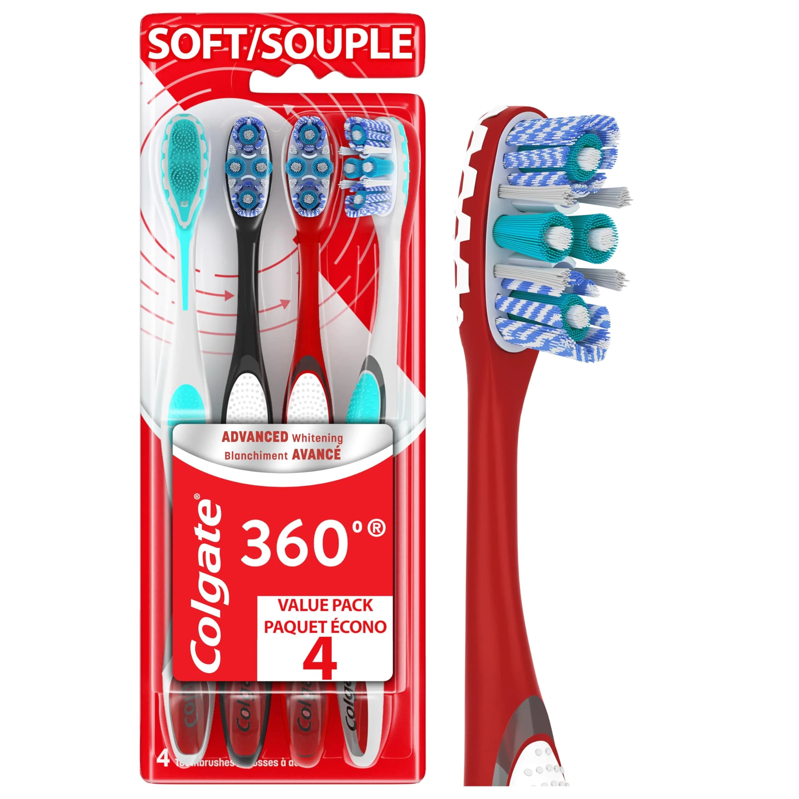 Colgate 360 Advanced Whitening Soft Toothbrush Pack with Cheek and Tongue Cleaner, 4 Count | Dermatologist Tested