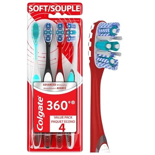 Colgate 360 Advanced Whitening Soft Toothbrush Pack with Cheek and Tongue Cleaner, 4 Count | Dermatologist Tested thumbnail 1
