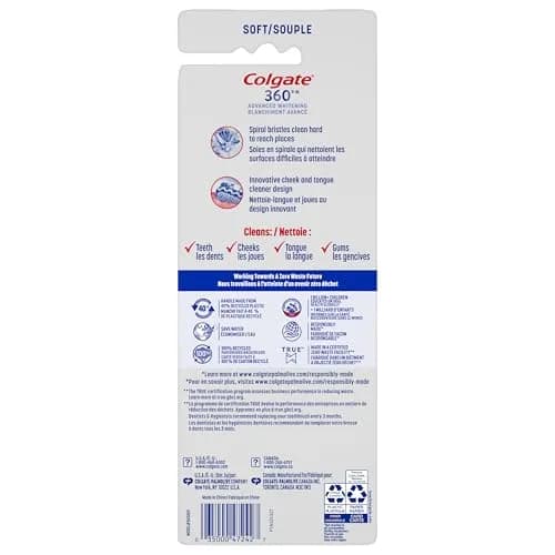 Colgate 360 Advanced Whitening Soft Toothbrush Pack with Cheek and Tongue Cleaner, 4 Count | Dermatologist Tested thumbnail 8