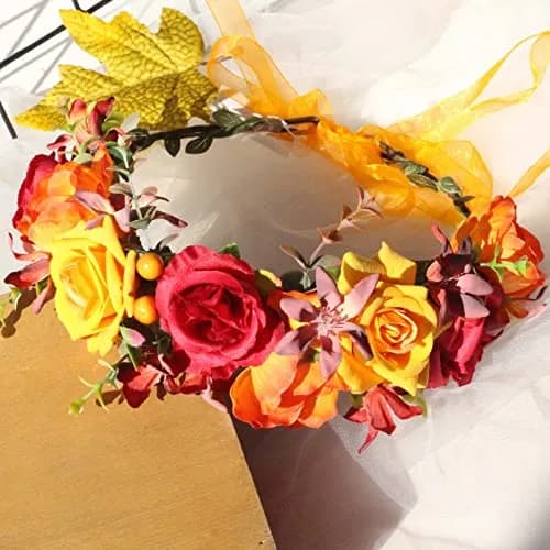 Vividsun Floral Crown Headpiece Yellow Red | Handmade Flower Wreath for Weddings & Festivals thumbnail 4