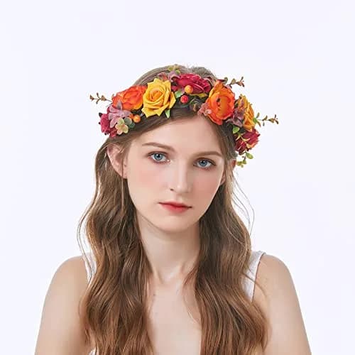 Vividsun Floral Crown Headpiece Yellow Red | Handmade Flower Wreath for Weddings & Festivals thumbnail 5
