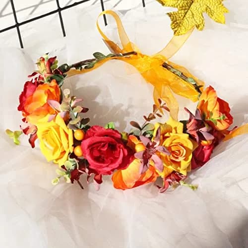 Vividsun Floral Crown Headpiece Yellow Red | Handmade Flower Wreath for Weddings & Festivals thumbnail 3