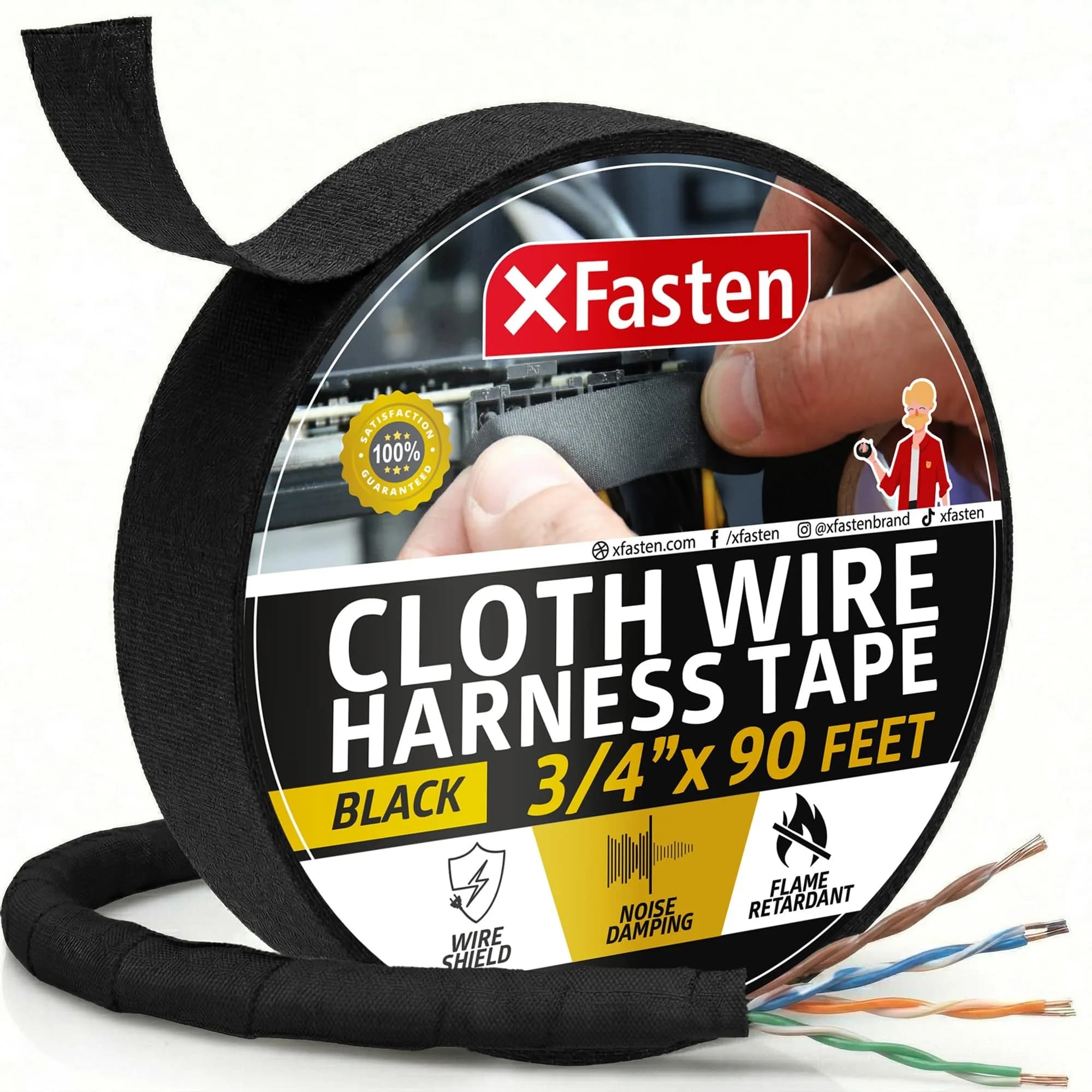 XFasten Wire Harness Tape, 3/4-Inch x 90 Feet | High Temp Automotive Felt Cloth Tape for Cables