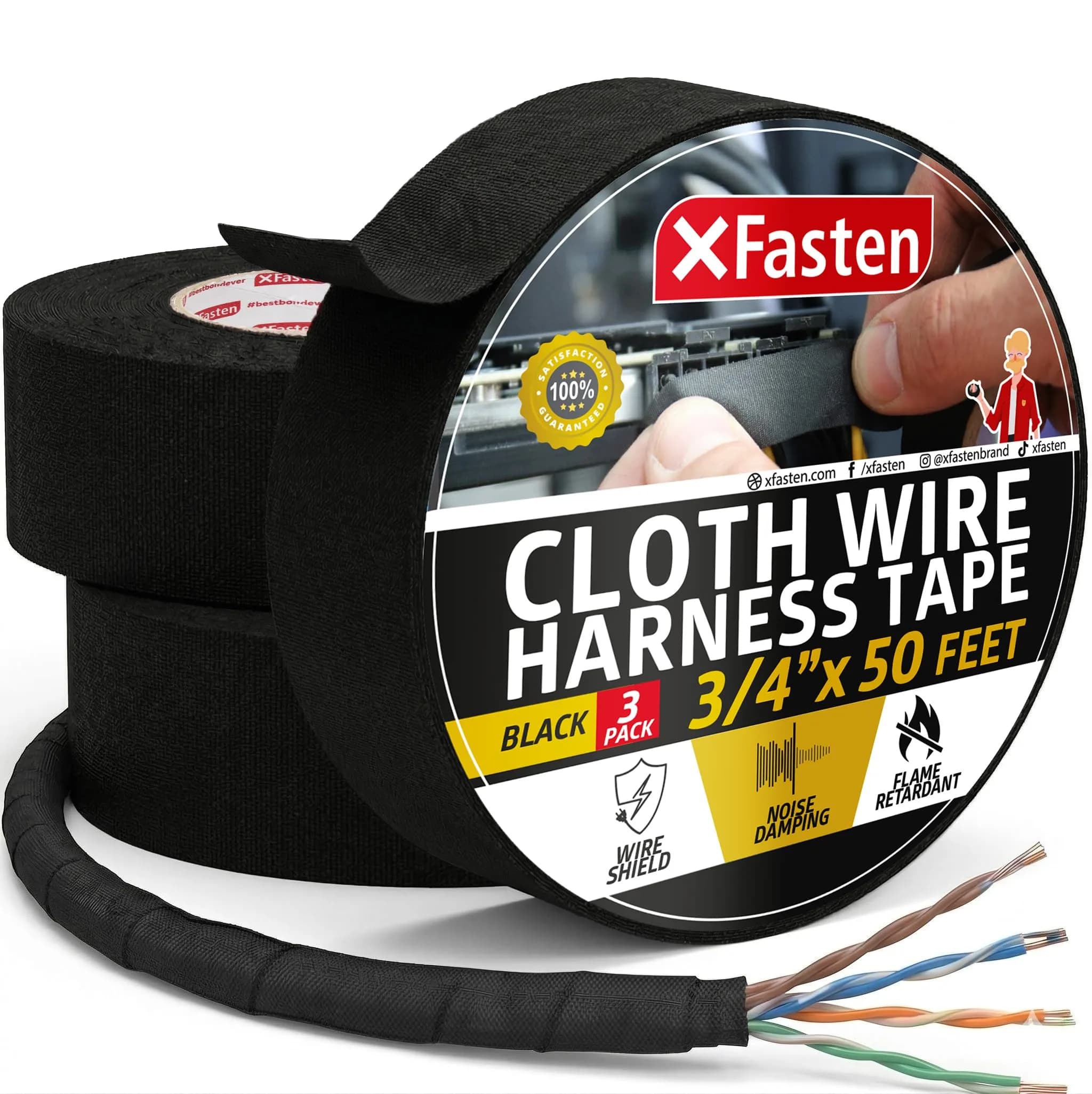 XFasten Wire Harness Tape, 3/4-Inch x 50-Foot (3-Pack) | High Temp Automotive Felt Cloth Tape for Cables