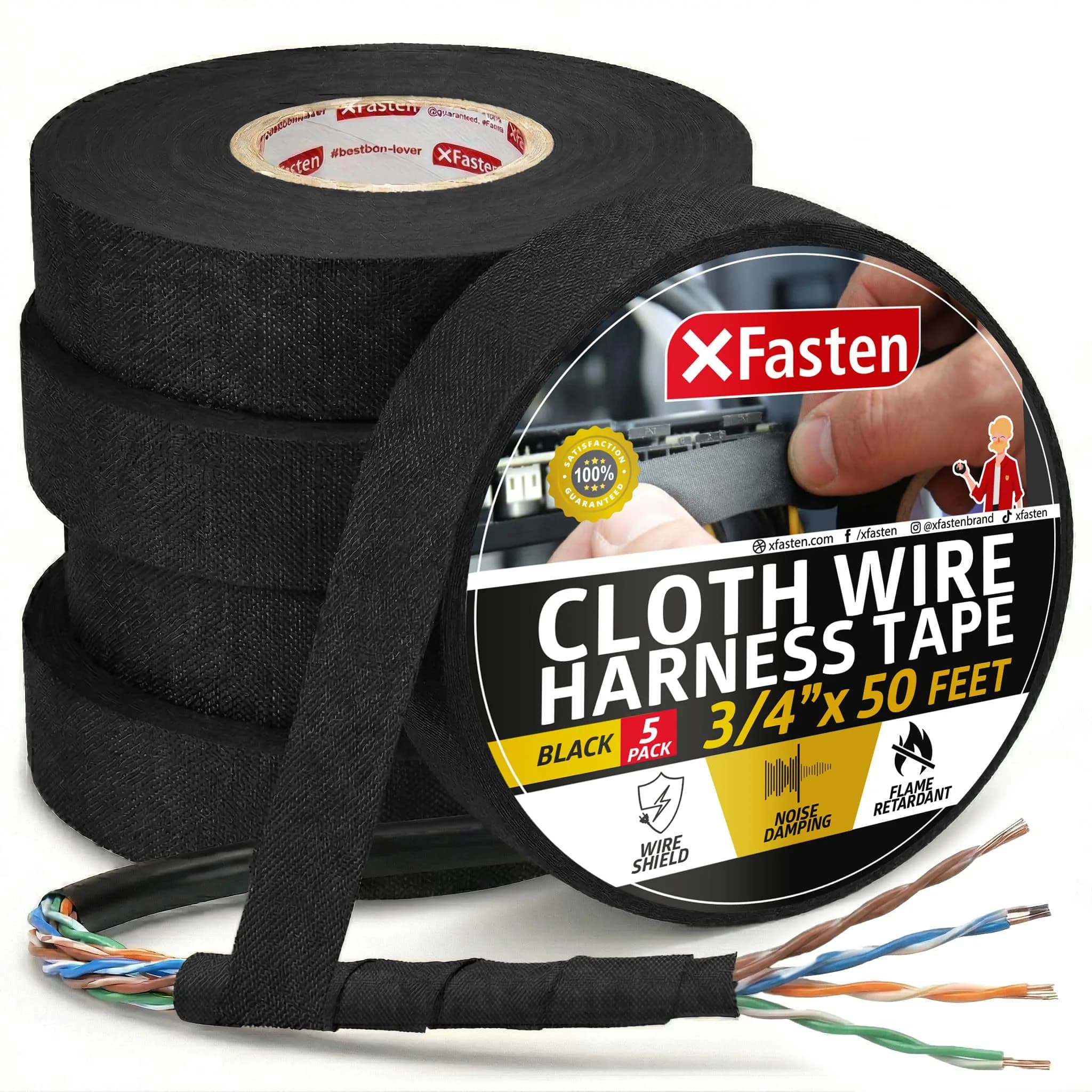 XFasten Wire Harness Tape, 3/4-Inch x 50-Foot (5-Pack) | High Temp Automotive Felt Cloth Tape for Cables