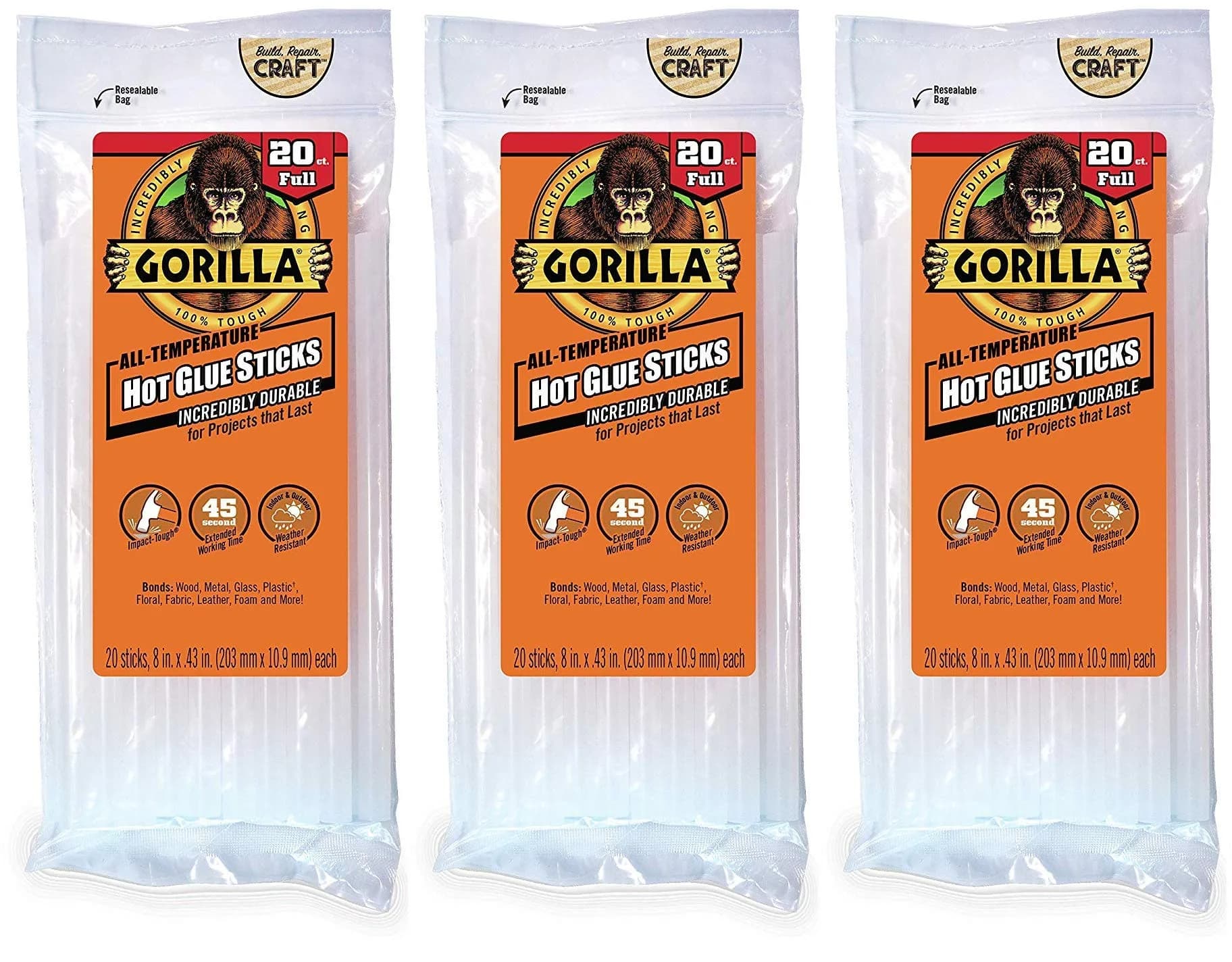 Gorilla Hot Glue Sticks, Clear, 8" Full Size, 20 Count - Weather Resistant & Extended Work Time — Clear