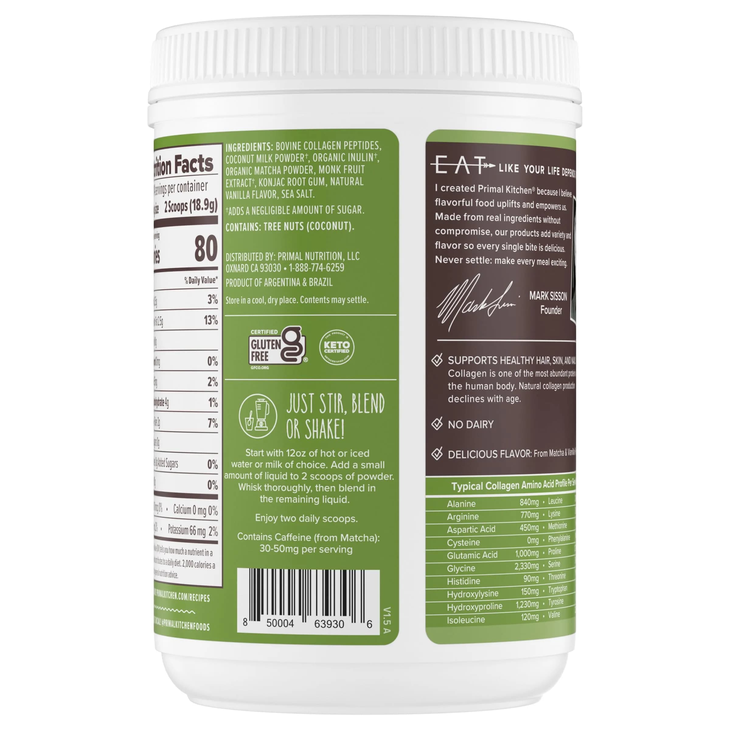 Primal Kitchen Matcha Collagen Keto Latte Powder 265g (9.33 Oz) | Sugar-Free Keto Supplement for Hair, Skin & Nails - view 5