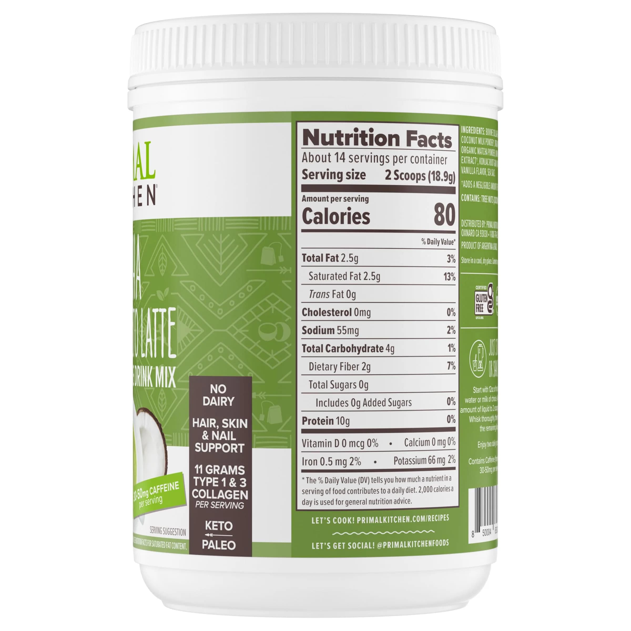 Primal Kitchen Matcha Collagen Keto Latte Powder 265g (9.33 Oz) | Sugar-Free Keto Supplement for Hair, Skin & Nails - view 8