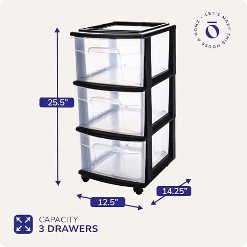 Homz 3 Drawer Plastic Storage Cart Organizer, Clear Drawers, Black Frame | Versatile Home & Office Storage Solution thumbnail 4