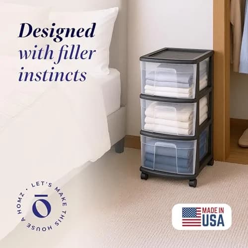 Homz 3 Drawer Plastic Storage Cart Organizer, Clear Drawers, Black Frame | Versatile Home & Office Storage Solution thumbnail 2