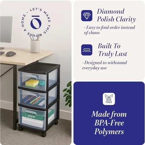 Homz 3 Drawer Plastic Storage Cart Organizer, Clear Drawers, Black Frame | Versatile Home & Office Storage Solution thumbnail 3