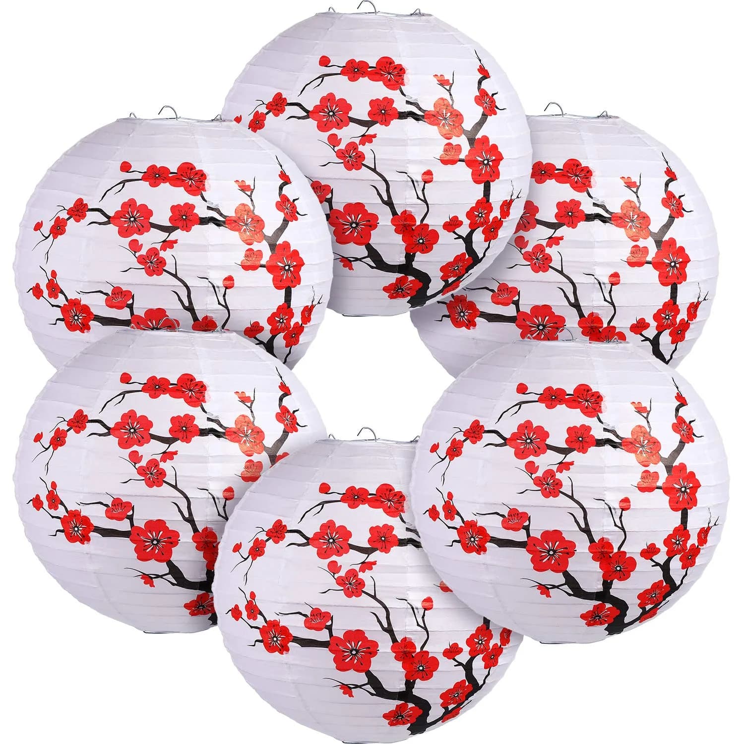 Blulu Red Cherry Blossom Paper Lanterns 30cm (11.8 x 11 Inch) | Pack of 6 Oriental Style - main product image