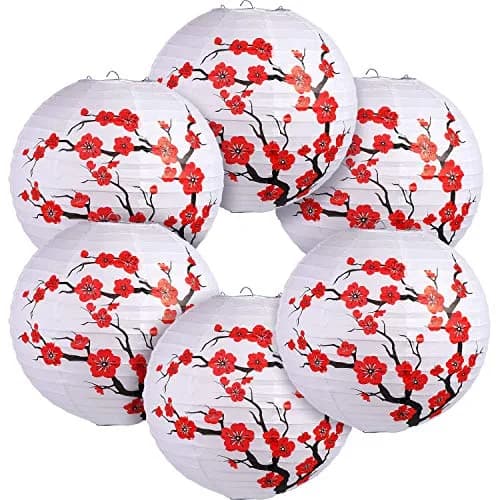 Blulu Red Cherry Blossom Paper Lanterns 30cm (11.8 x 11 Inch) | Pack of 6 Oriental Style thumbnail 1