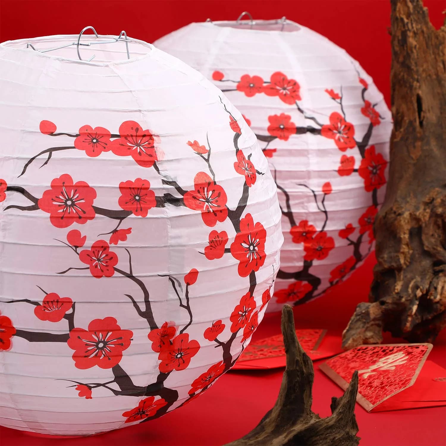 Blulu Red Cherry Blossom Paper Lanterns 30cm (11.8 x 11 Inch) | Pack of 6 Oriental Style - view 3