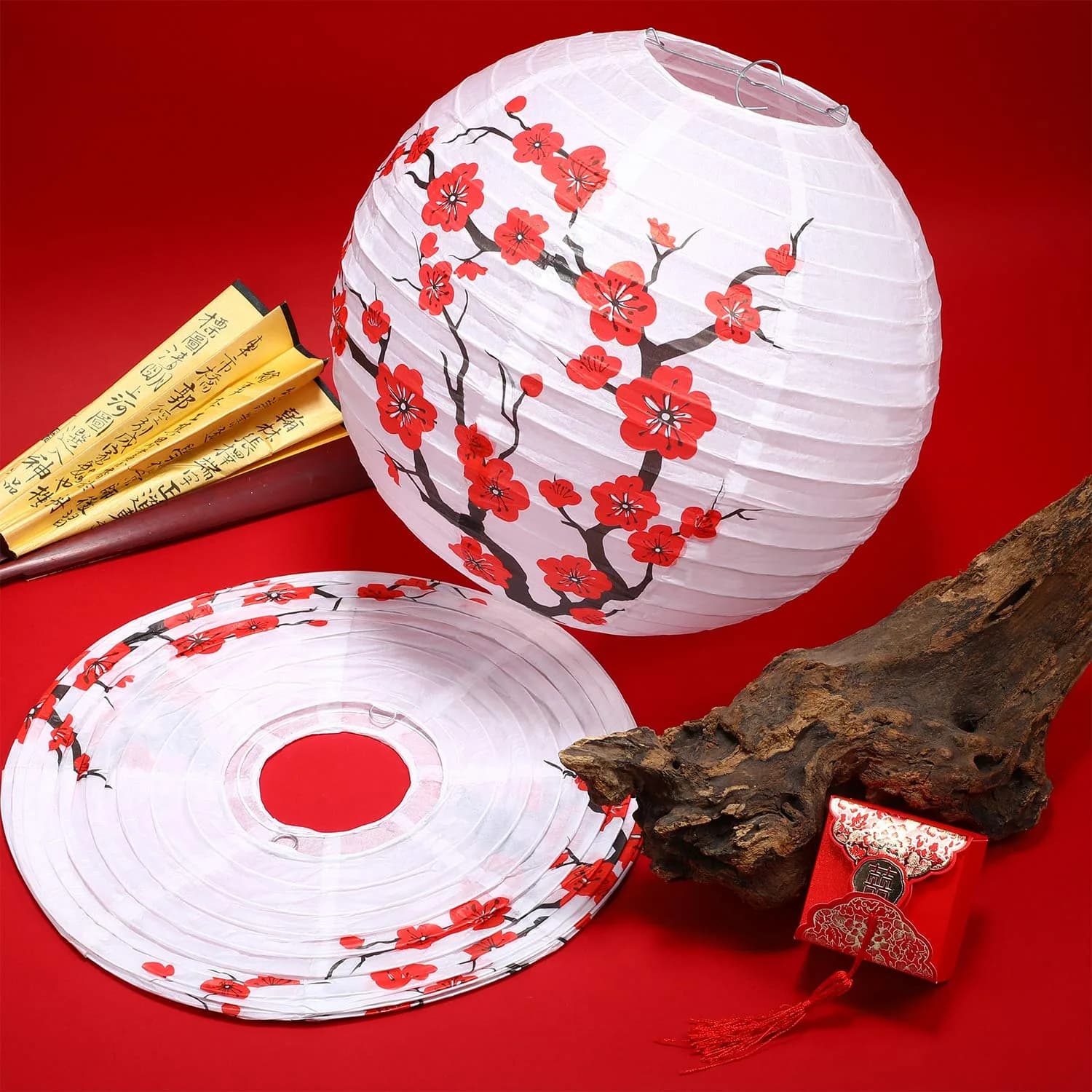 Blulu Red Cherry Blossom Paper Lanterns 30cm (11.8 x 11 Inch) | Pack of 6 Oriental Style - view 4
