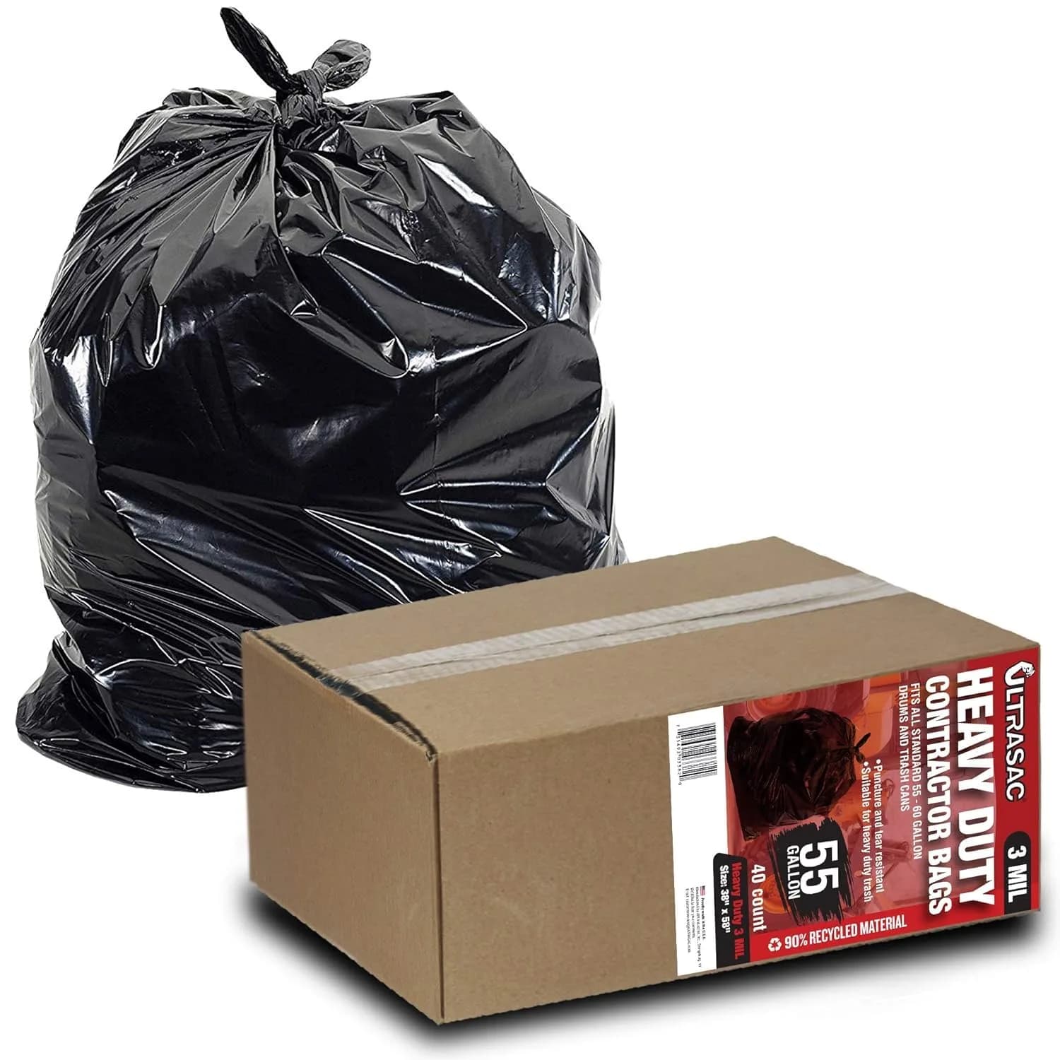 Ultrasac Heavy Duty 55 Gallon Contractor Bags | 40 Count, 3 MIL, Black, 38" x 58" - main product image