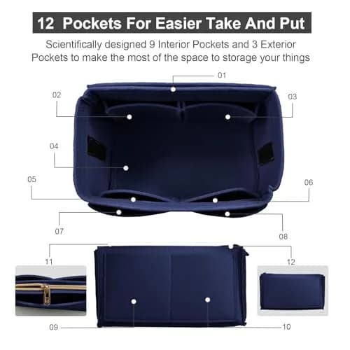OMYSTYLE Navy Blue Medium Felt Tote Bag Organizer Insert with 13 Pockets | 24.4cm x 12.9cm x 15cm - view 3