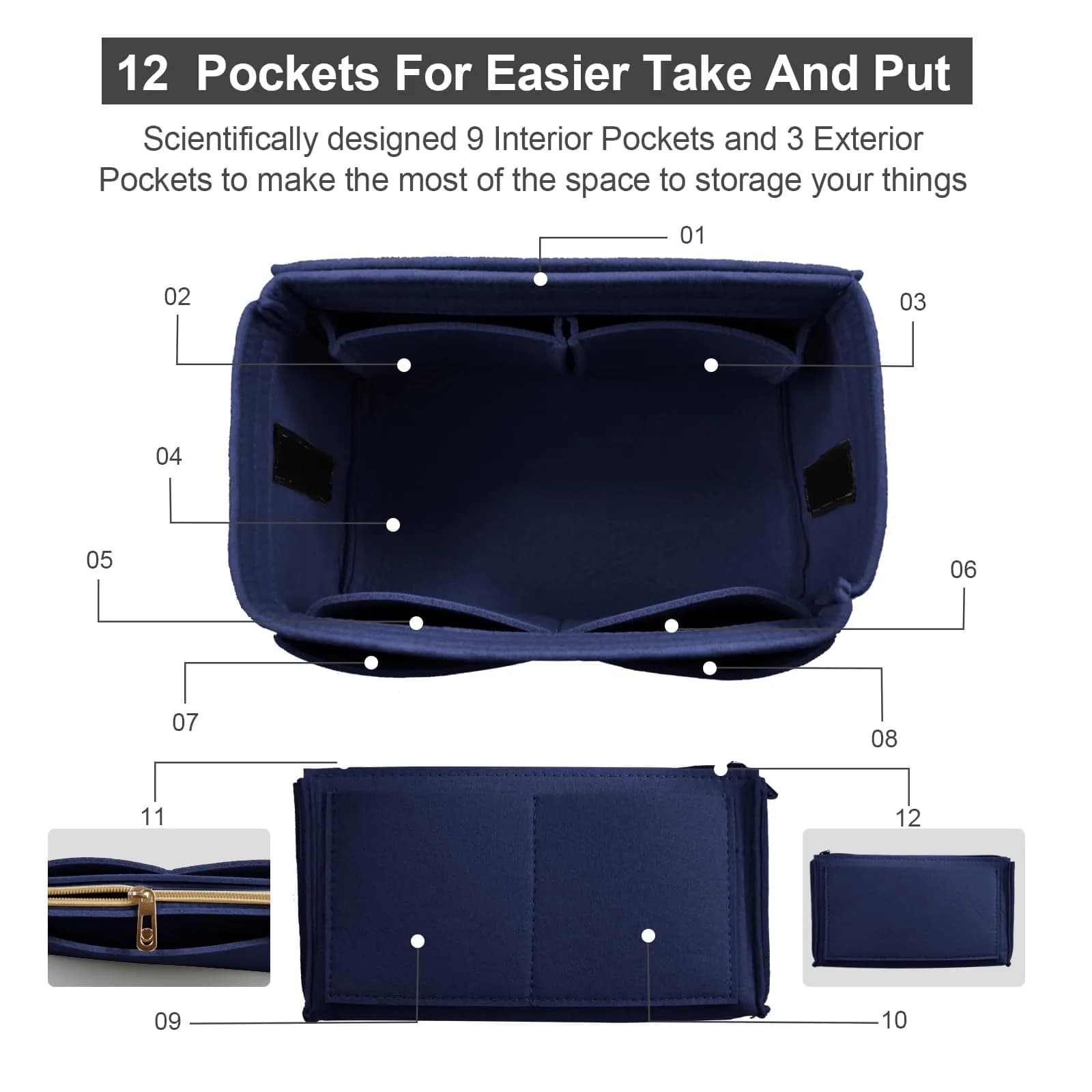 OMYSTYLE Navy Blue Medium Felt Tote Bag Organizer Insert with 13 Pockets | 24.4cm x 12.9cm x 15cm thumbnail 3