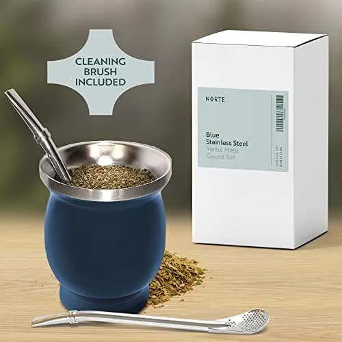 Norte Yerba Mate Cup, 8-Ounces Traditional Mate Tea Cup/Gourd Set, Blue | Double-Walled Stainless Steel Drinkware thumbnail 6