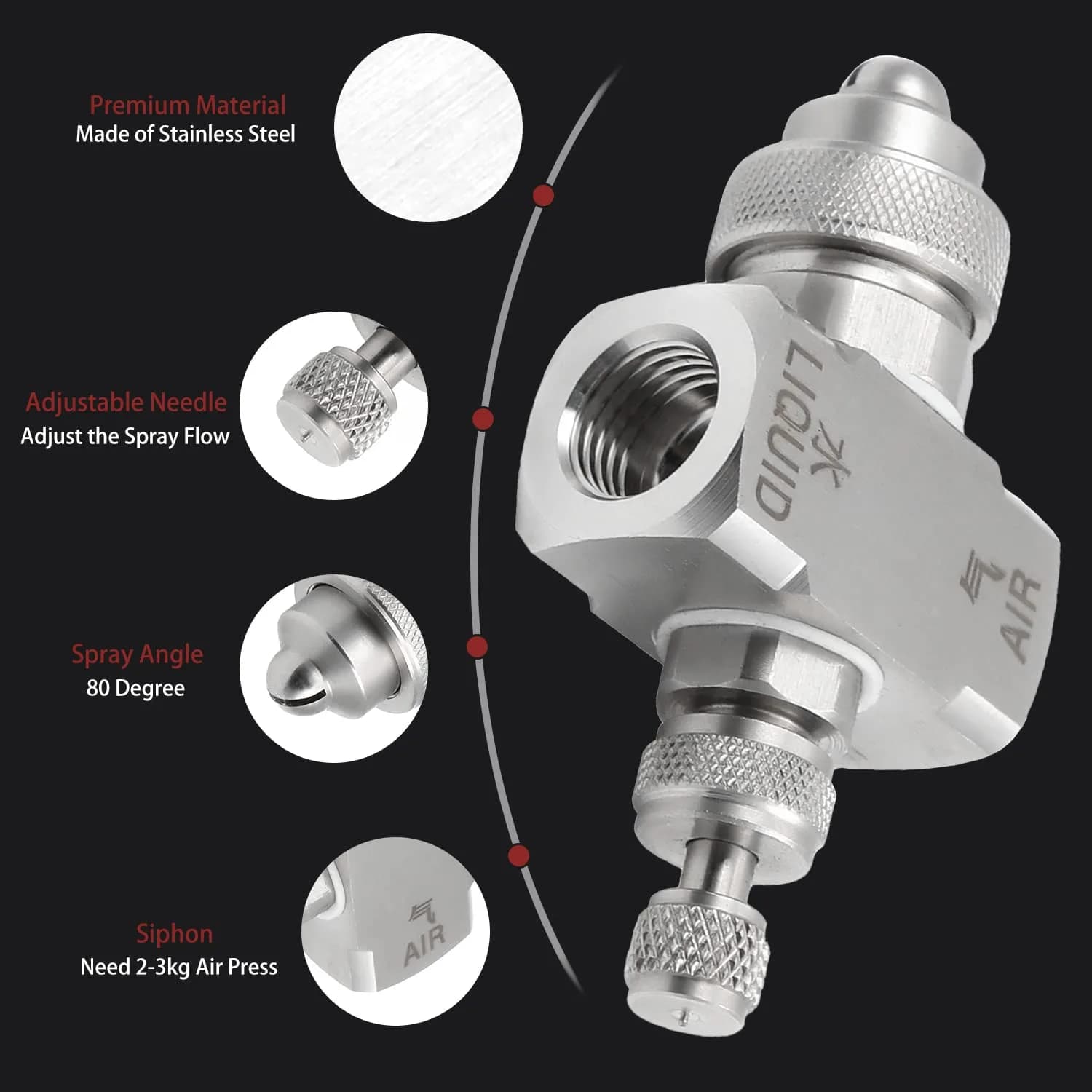 MroMax 1/4BSPT Female Thread Air Atomizing Nozzle 80 Degree Siphon Fan-Shape Spray Tip | Stainless Steel - view 5