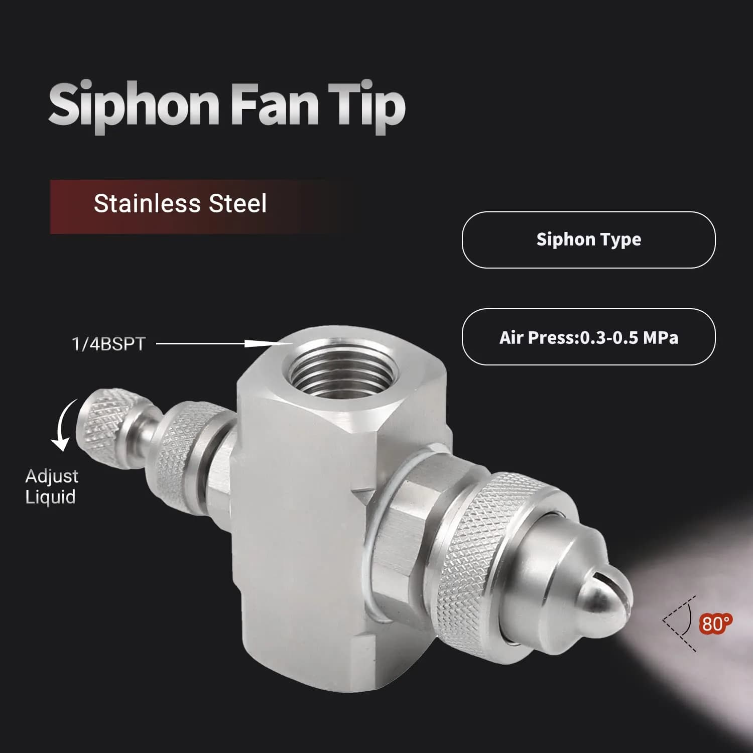 MroMax 1/4BSPT Female Thread Air Atomizing Nozzle 80 Degree Siphon Fan-Shape Spray Tip | Stainless Steel - view 3