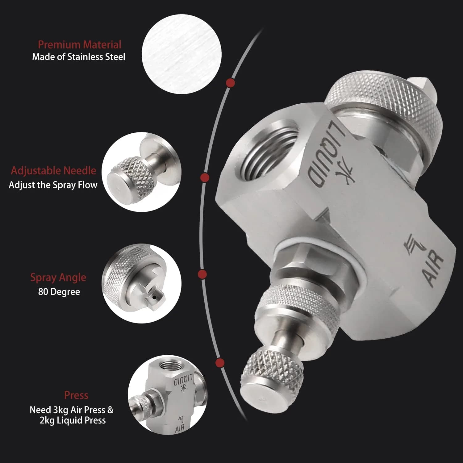 MroMax 1/4" BSPT Female Thread Air Atomizing Nozzle 80 Degree Mix Type Spray Tip Nozzles | Stainless Steel Misting Nozzle - view 5