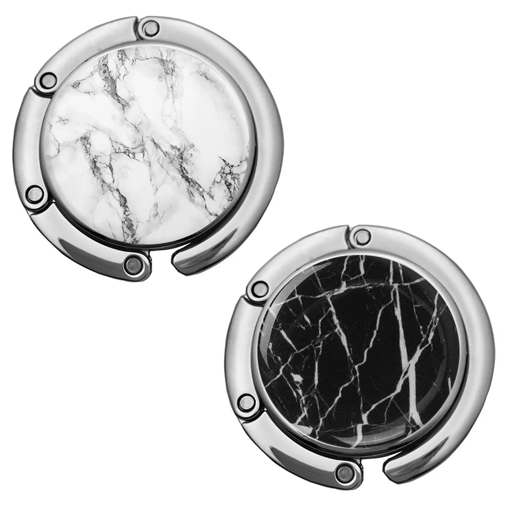 Bosketo Foldable Purse Hook 3 Pack | Portable Anti-Slip Designer Bag Hanger (1.7 x 1.7 inch) — white+black marble hook