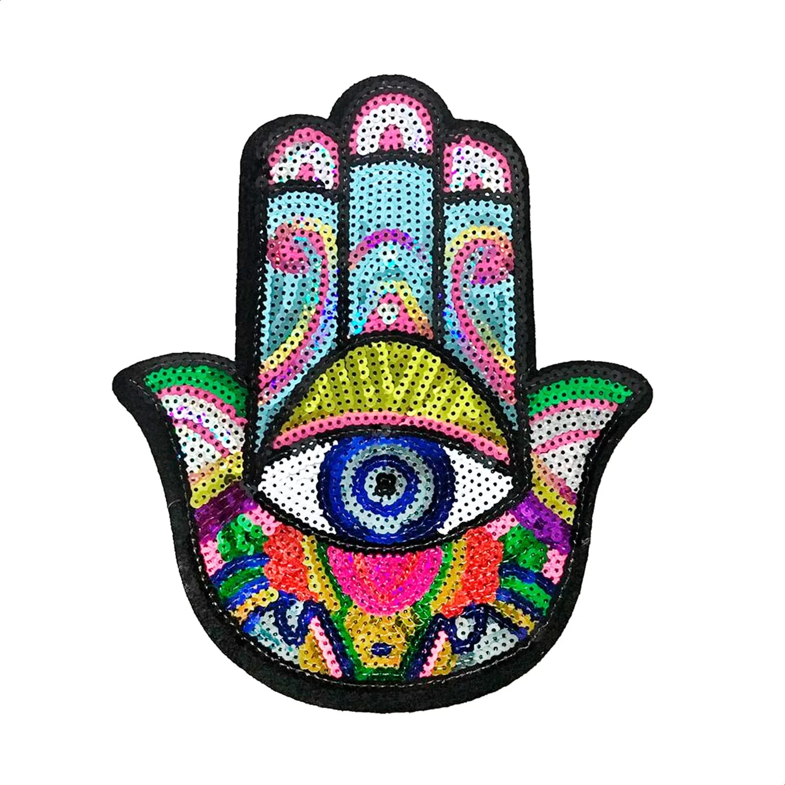Reluen Evil Eye Iron On Patch Large Sequin Hamsa Hand Embroidered Badge 22cm (8.7in) x 19.5cm (7.7in) — Hand